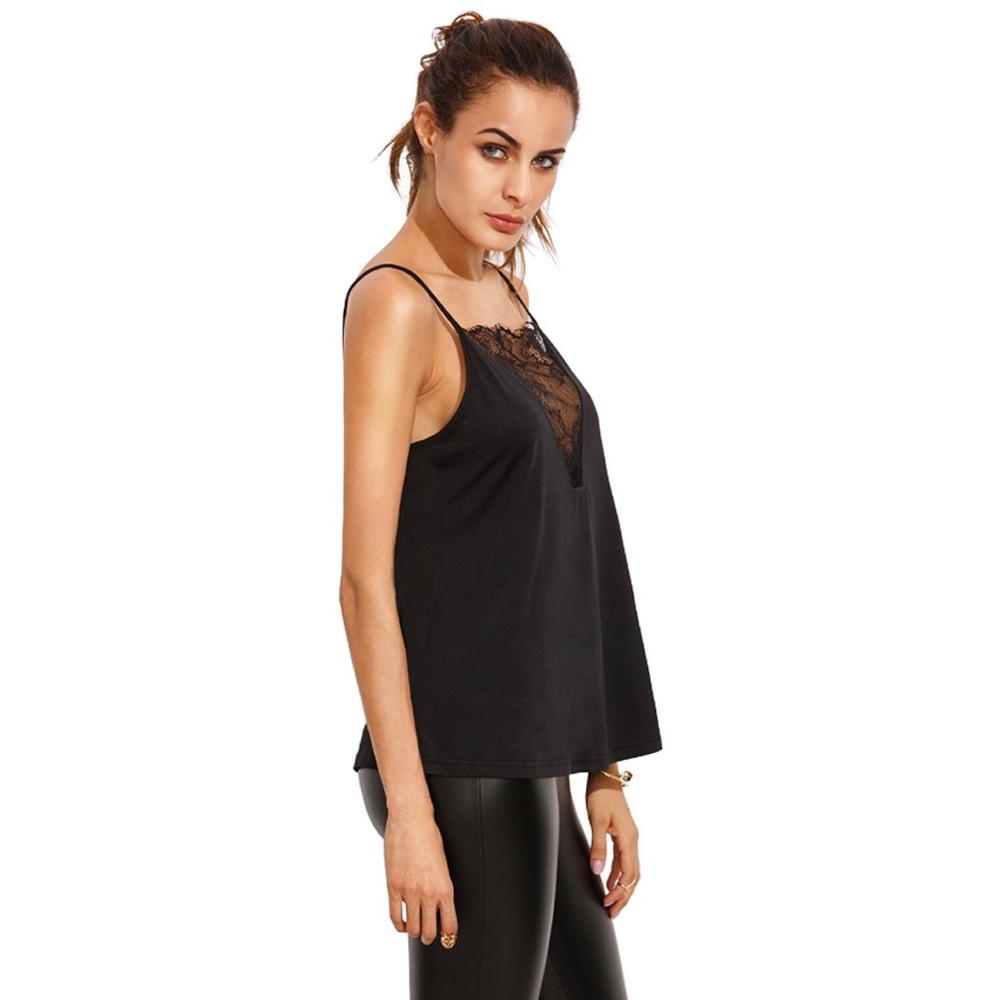 Open Back Plunging Lace V Neck Cami Blouse Black - Picture 2 of 4